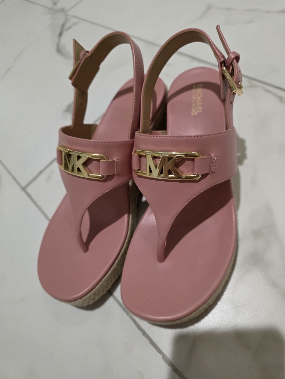 Michael Kors Pink Logo Thong Sandals with Gold MK Hardware